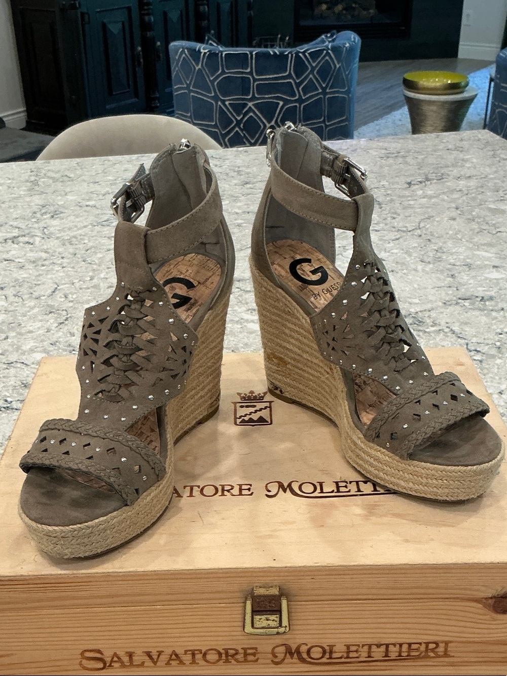 G by Guess Taupe Suede Espadrille Wedge Sandals